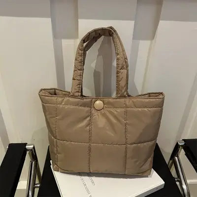 Women's Rhombic Winter Tote Bag Beige Large Capacity