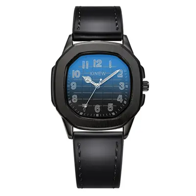 Men's Black Leather Band Quartz Watch with Blue Dial