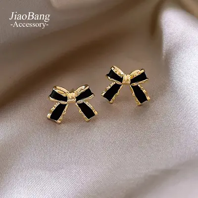 Black Bow Earrings Korean Style Oil Drop Design