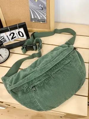 Corduroy Chest Bag Green Women Large Capacity