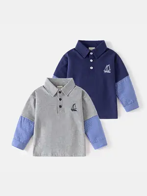 Boys Long Sleeve Polo Shirt Grey Blue Striped