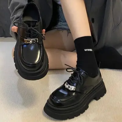 Women Black Metal Lace-Up Loafers 2024