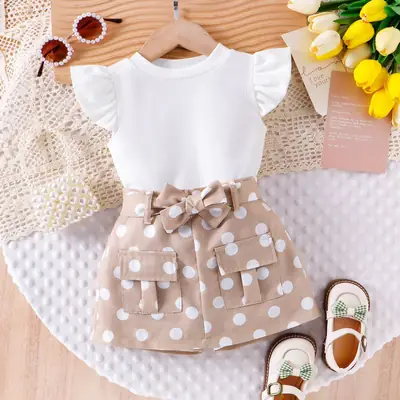 Women's 3-Piece Polka Dot Suit White Belt Shorts Set