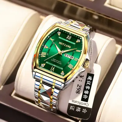 Men's Green Luminous Quartz Watch with Calendar