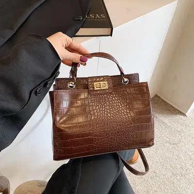 Brown Croc-Textured Shoulder Bag for Women 2026