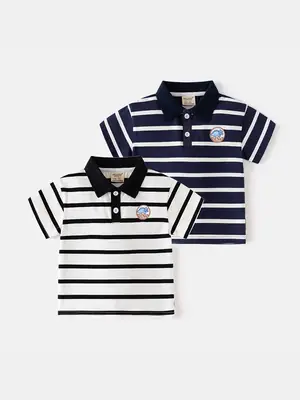 Summer Boys Striped Polo Shirt Blue White Kids Casual Top