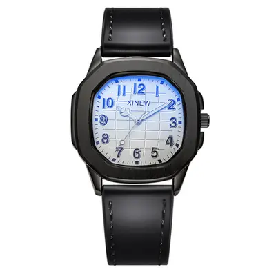 Men's Black Leather Band Quartz Watch with Blue Dial