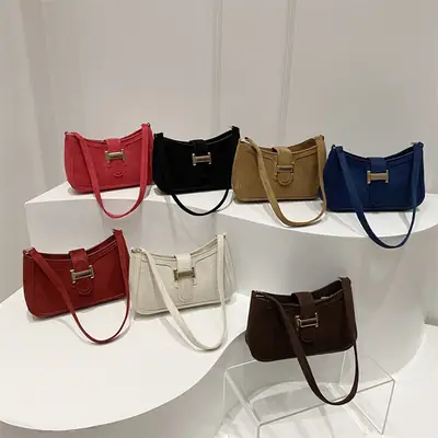 Red Textured Belt Buckle Shoulder Bag for Women 2024