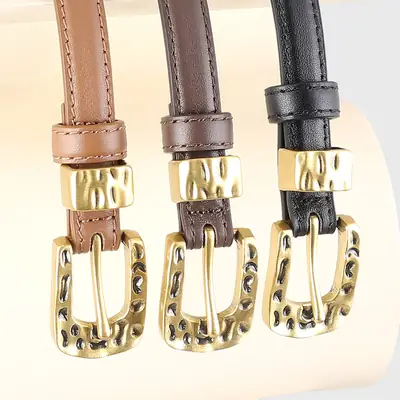 Women's Genuine Leather Thin Belt with Silver Buckle