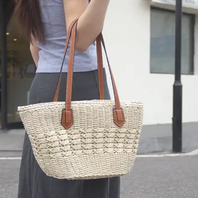 Straw Shoulder Bag Large Capacity Vegetable Basket Handbag Casual Beach All-match Straw Handmade Beach