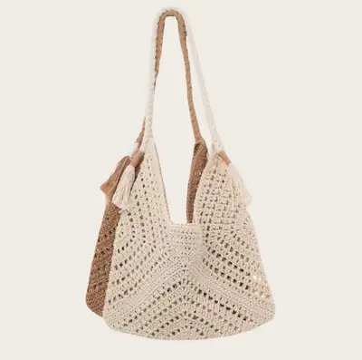 Women Straw Handwoven Crochet Bag Beige