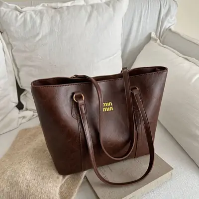 Women Vintage Brown Leather Tote Bag Large Capacity 2024