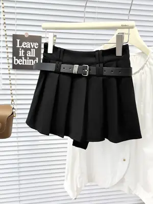 Black Pleated Skirt with Belt for Women