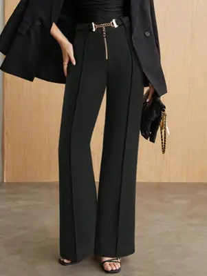 Black High-Waist Straight Pants with Metal Belt