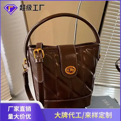 2026 Winter Quilted Black Bucket Bag with Gold Logo