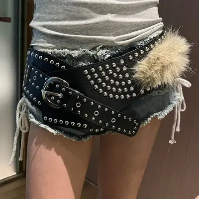 Punk Rivet Belt with Pom Pom for Women