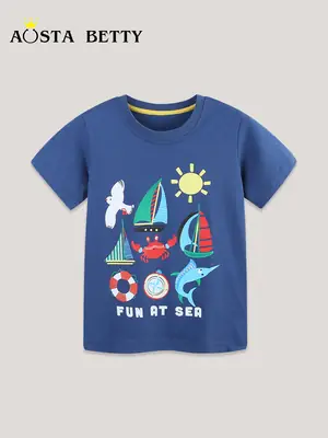 Kids Cartoon T-Shirt Blue Kids Summer Fun At Sea