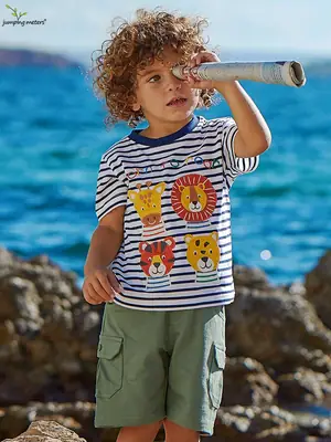 Kids Striped T-Shirt with Lion & Tiger Print