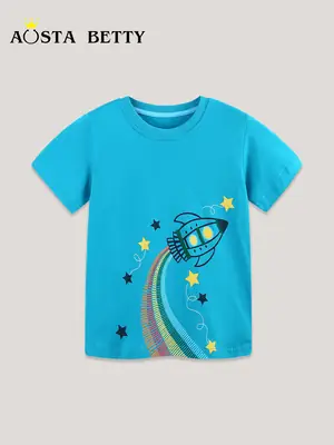 Boys T-Shirt Blue Rocket Print Knitted Cotton