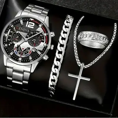 Men's Quartz Watch with Cross Necklace & Bracelet Set