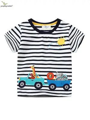 Boys Striped T-Shirt with Cartoon Truck Embroidery