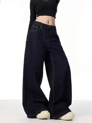 Wide Leg Dark Blue Jeans for Men Women Slim Fit