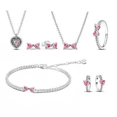 Panjia Pink Love Necklace Butterfly Earrings Adjustable Silver Plated