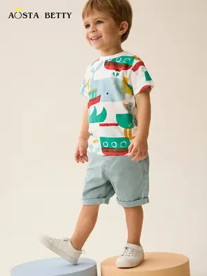 Kids Printed T-Shirt European Style Boys Summer Cotton Round Neck