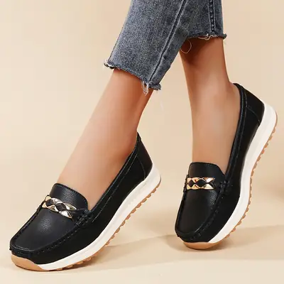 Women's Beige Bean Slip-On Heel Shoes with Gold Buckle