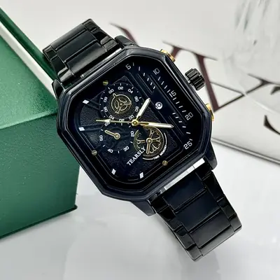 Men's Square Steel Band Waterproof Quartz Watch with Calendar