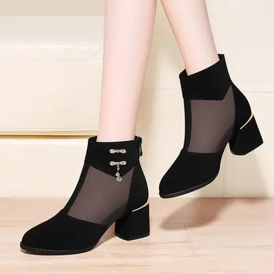 Frosted Hollow Sandals Women Black Mesh Heel