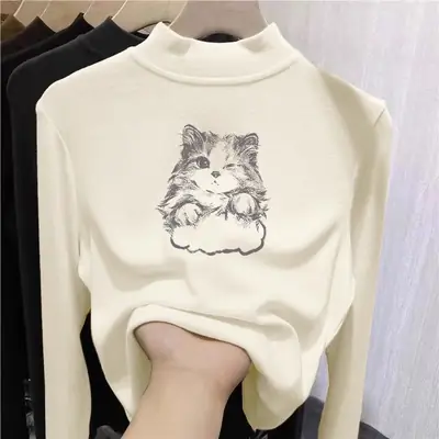 Derong Cat Print Long Sleeve Turtleneck for Girls Medium to XL