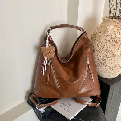 Vintage Brown Leather Shoulder Bag for Women