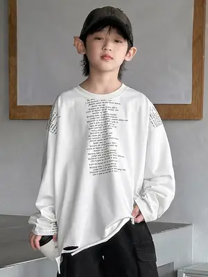 Boys' White Ripped Long Sleeve T-Shirt with Graphic Print