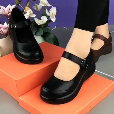 Women's Black Wedge Muffins with Buckle Strap