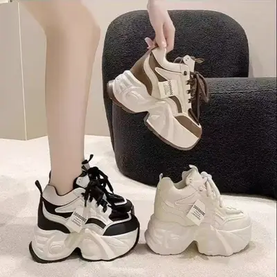 Women's White Brown Thick Platform Casual Shoes
