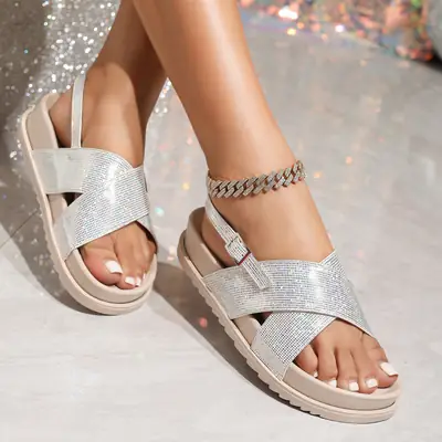 Silver Cross-Tied Flat Slippers for Women