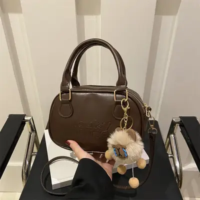 Vintage Women's Brown Shoulder Crossbody Bag with Pom Pom Charm