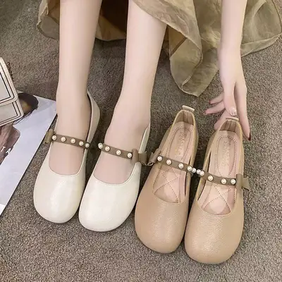 Women's Pearl Strap Flat Shoes Cream Beige Spring 2025
