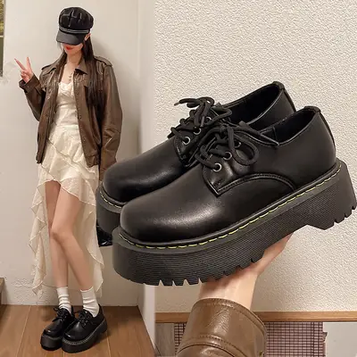 Women's Black Round Toe Lace-Up Shoes with White Socks