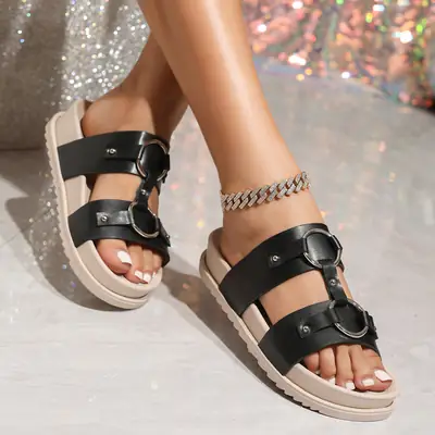 Black Circle Decorative Flat Slippers for Women