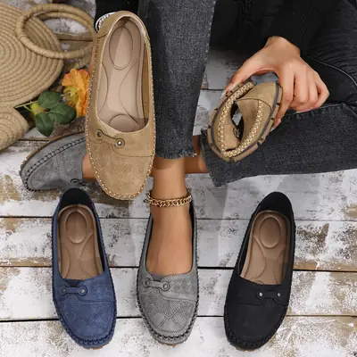 Women's Grey Embroidered Loafers with Cross Strap