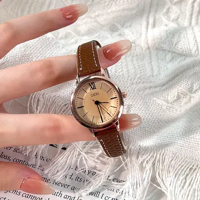 Gold Retro Women's Quartz Watch with Brown Belt