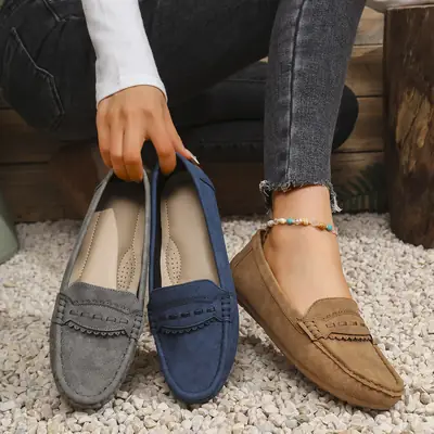 Women's Flat Loafers Grey Blue Tan Cross-Border Stitched