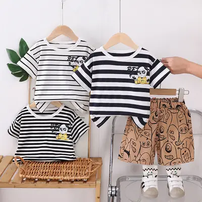 Foreign Trade Boys' Striped T-Shirt Shorts Set 2025