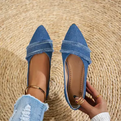 Women's Flat Shoes, Fashionable Large Size New Style, Spring and Autumn Shallow Mouth Denim Pointed Toe Women's Shoes, Low Heel Versatile Work Shoes, Comfortable