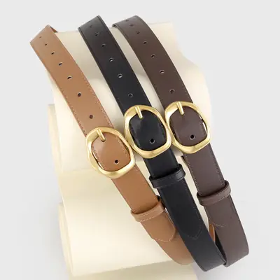 Brown Leather Belt with Gold Buckle for Women
