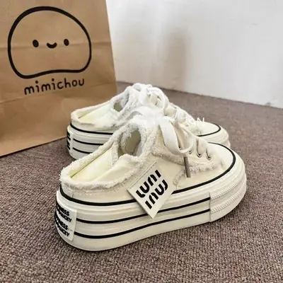 Niche Original Beggar Canvas Shoes Women's 2025 Spring New Thick-soled Increased Two-wear Step-on Heel Half-drag White Shoes