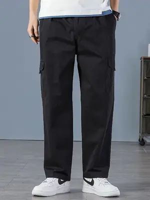 Men's Black Loose Straight Multi-Pocket Pants Large