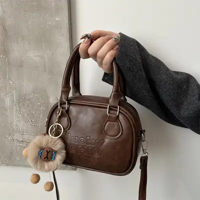 Women's 2025 Retro Shoulder Bag with Pom Pom Charm
